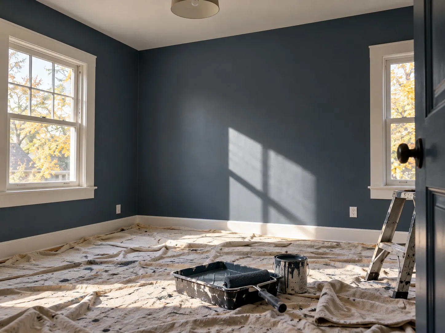 Sample image: bedroom freshly painted slate blue, with drop cloths, a roller tray and a stepladder on the floor