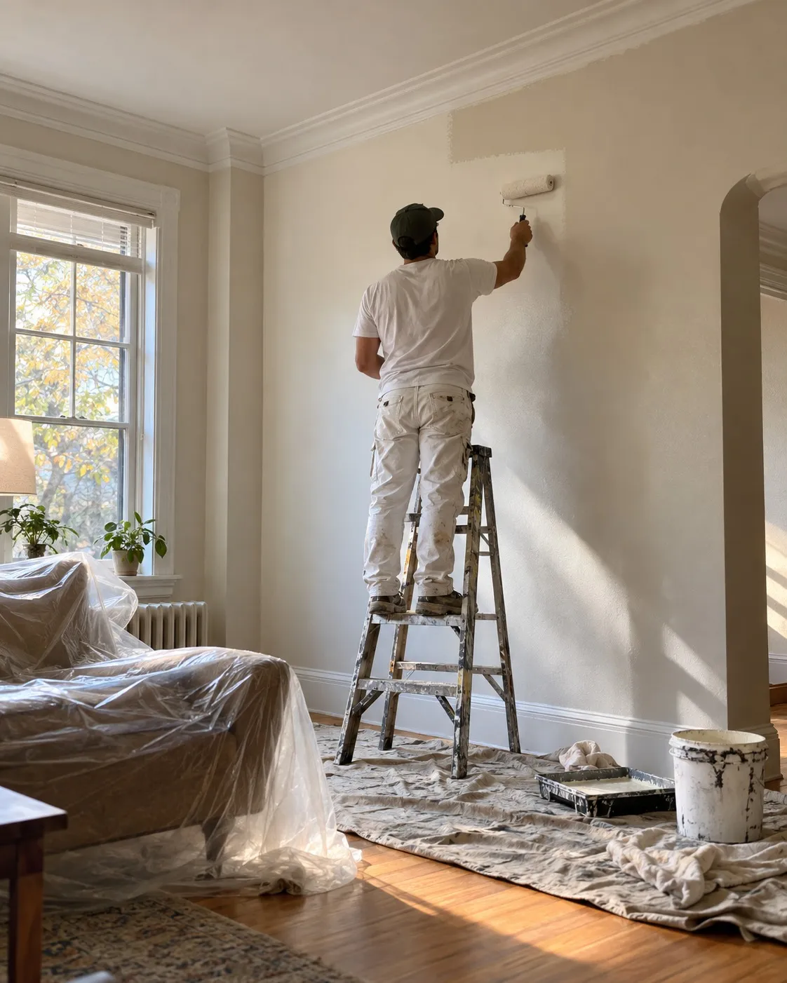 Sample image: a painter on a stepladder rolling off-white paint onto a living-room wall, with the sofa covered in plastic and drop cloths on the floor
