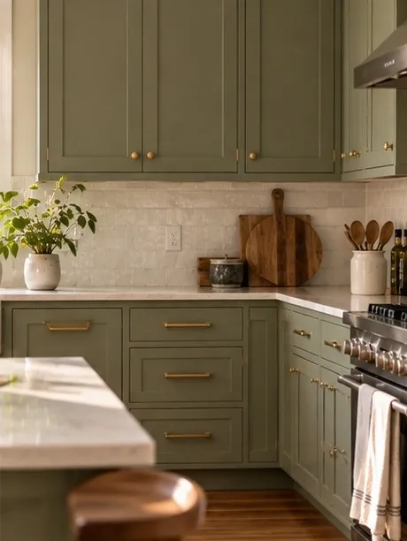 Sample image: kitchen with sage-green Shaker cabinets, brass handles, a white tile backsplash and a marble countertop